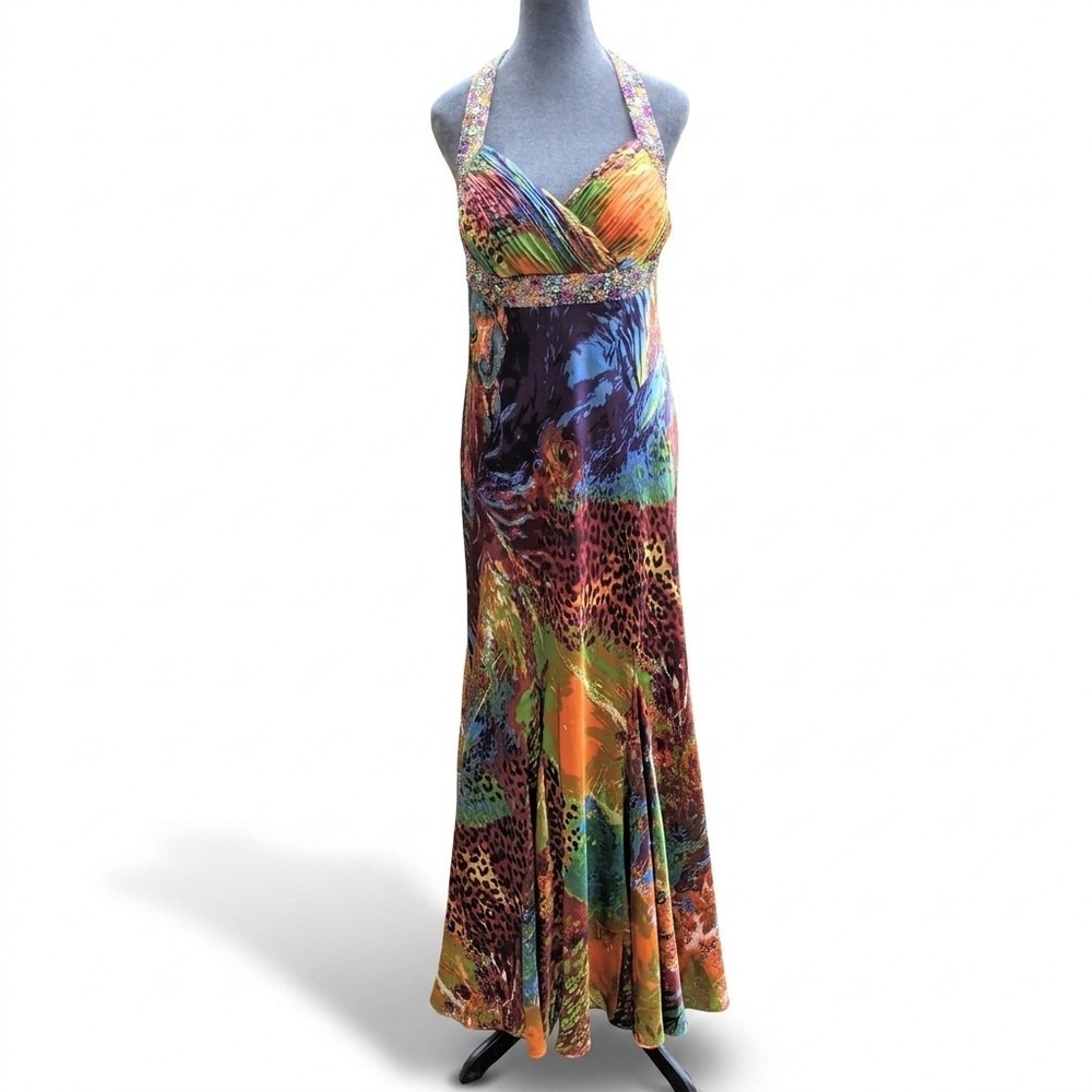 Ignite Evenings Formal Leopard Print Dress 12 Embellished Halter Neck Maxi Gown